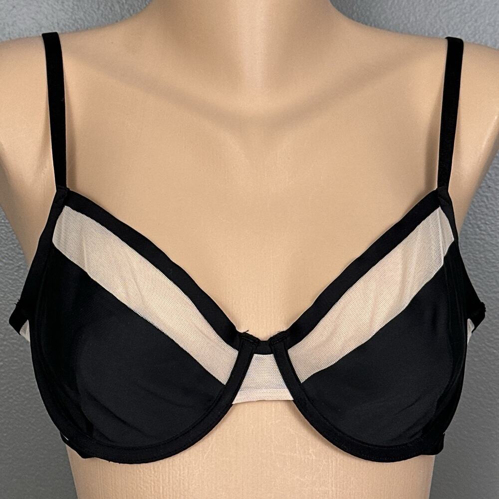 Victorias Secret 36C Luxe Lingerie Unlined Satin Sheer Mesh Demi Bra Black U/W